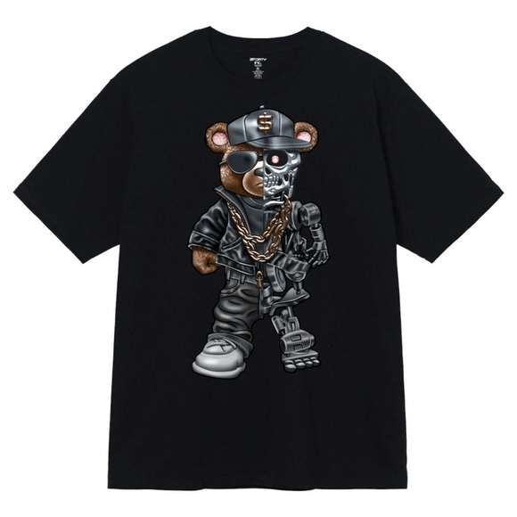3Forty Other - Black Graphic T-Shirt with Bear Design